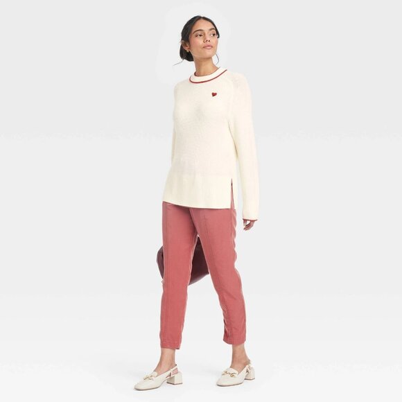 XL - Womens Red Heart Crewneck Pullover Sweater - A New Day - Cream - Picture 2 of 7